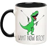 YOLANDEEUROKOK What Now Bitch T-Rex Dinosaur Mug, Dinosaur Mug, Dino Adult Humor Birthday Christmas Gift, 11 Oz Novelty Coffee Cup, Black