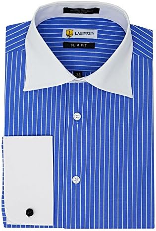 Labiyeur Men's Slim Fit French Cuff Striped Dress Shirt 19 | 36-37 Blue/White Stripes