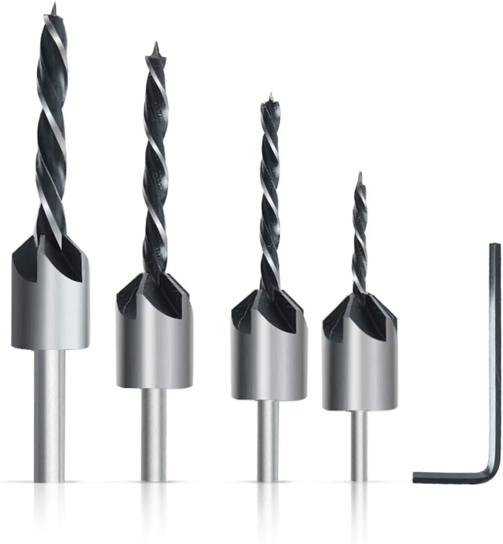 HOHXEN 4pcs Countersink Drill Bit Set(Round Shank) with 1pcs L-Shaped hex Wrench,Carpentry Countersink Drill Bit 3,4,5,6mm