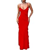 HOCILLE Women's Sexy V Neck Backless Bodycon Spaghetti Strap Elegant Ruffle Maxi Cocktail Party Dresses
