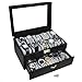 Ikee Design Deluxe Black Watch Display Case With Key Lock, Clear Glass Top, 20 Watch Holders