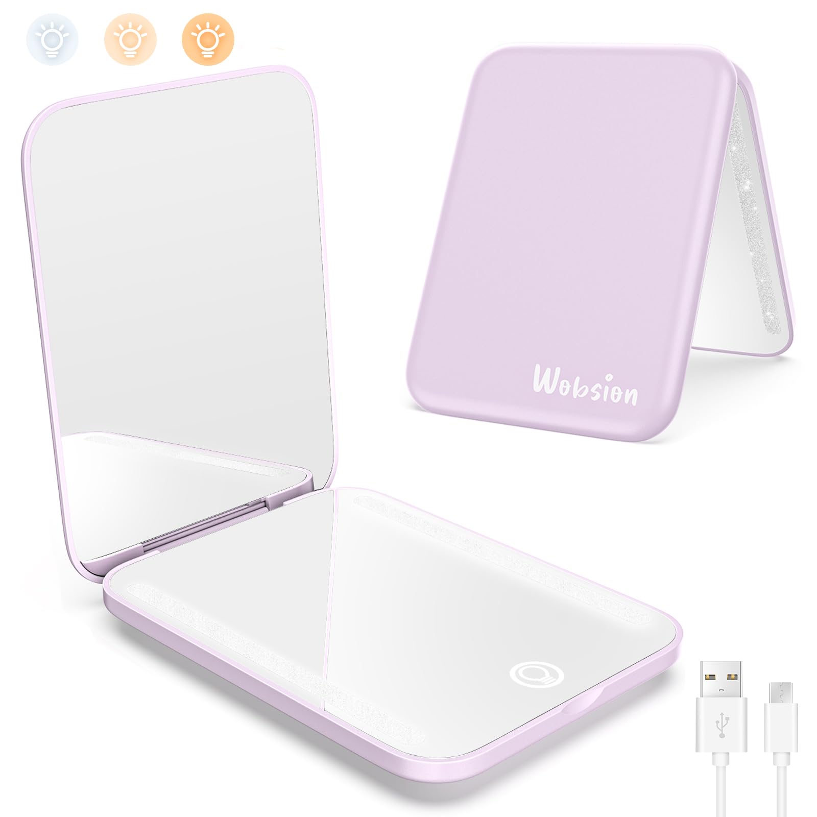WOBSION Travel Makeup Mirror with Light, Dimmable Compact Mirror for Pocket, Small Mirrors for Handbag, 1x/3x Magnifying Portable Led Mirrors for Women, Rechargeable, Gifts for Girls, Purple