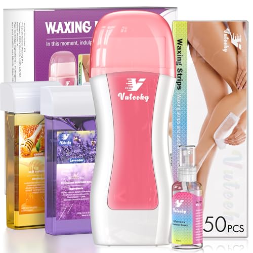 Vuteehy Roll on Wax Kit, Waxing Kit for Hair Removal, Roller Waxing Kit with Lavender and Honey Cartridges, Rolling Wax Hair Removal Kit for Women Men, 50 Pcs Strips