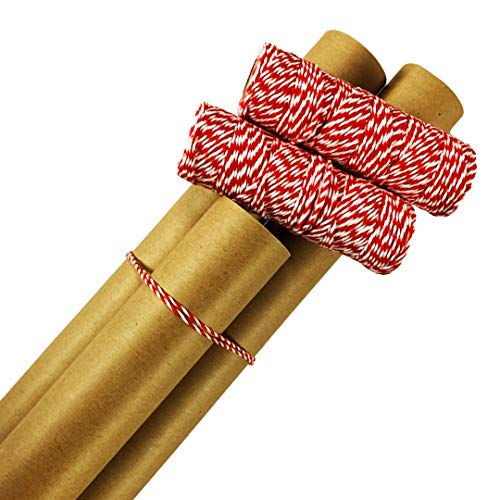Plain Kraft Postal Wrap Brown Kraft Paper, 3 Rolls, with Red Baker\'s Twine
