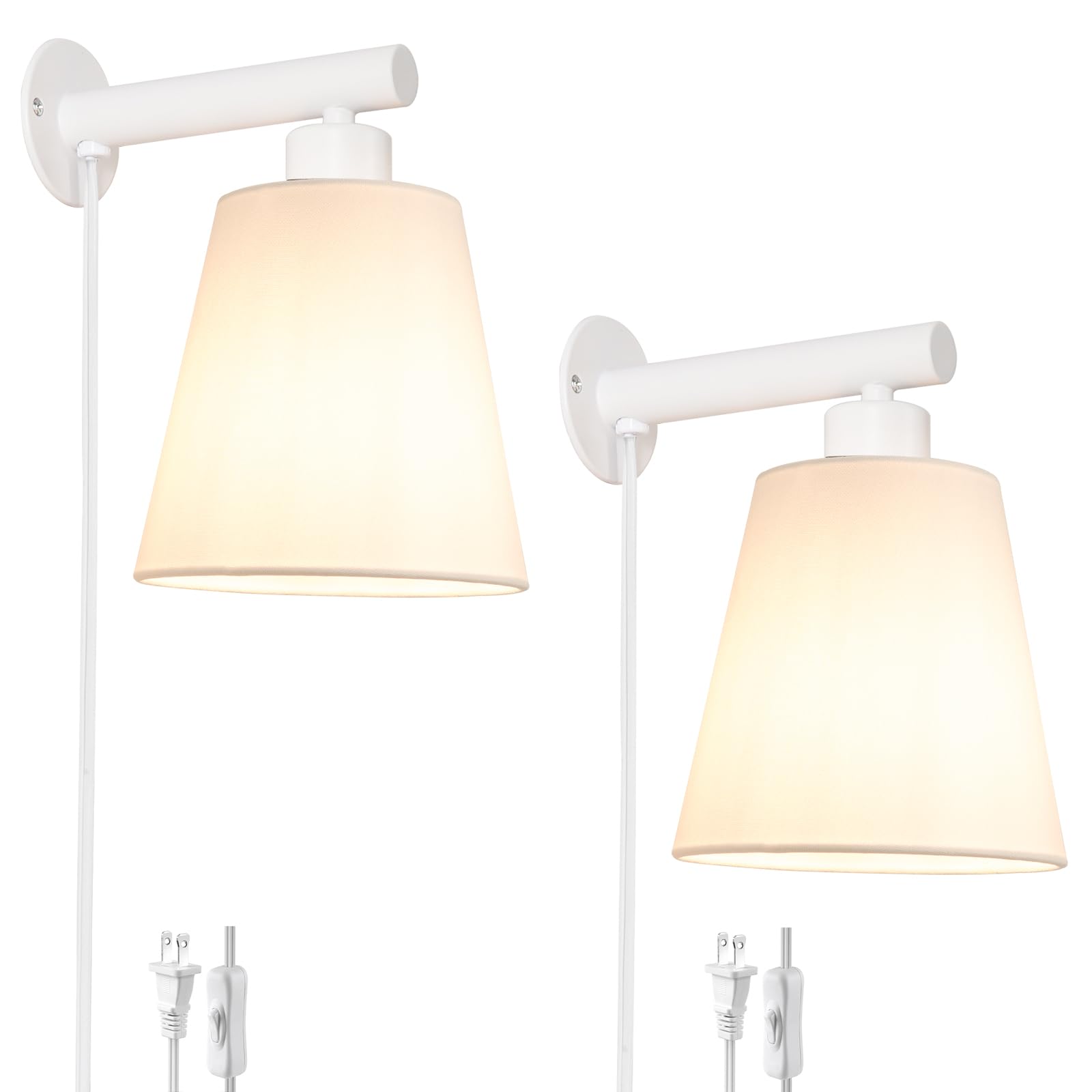 Photo 1 of OIYIO White Plug in Wall Sconces Set of Two, White Wall Sconce with Cord, Bedside Wall Lamps Plug in Set of 2 with Fabric Linen Shade, Wall Decor Bedroom Sconces for Living Room Hallway Porch