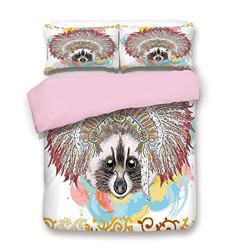 Pink Duvet Cover Set,King Size,Ethnic Raccoon in Native Amer