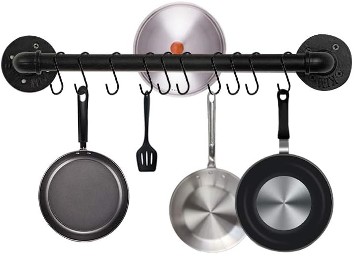 Industrial Pipe Pan Pot Rack Wall Mounted, Iron Coffee Cups Hanger Bathroom Towel Bar Black Kitchen Utensil Cookware Holder Storage Organizer With 10 Detachable S Hooks: Home Improvement