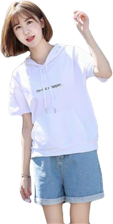 Amazon ジュンィ レディース 半袖 パーカー 夏 無地 ショート丈 フード付き パーカー プルオーバー トレーナー Tシャツ 通勤 通学 可愛い トレーナー パーカー 通販