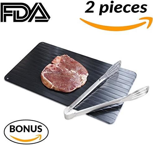 ISMO Aluminum Defrosting Tray, Large Thawing Plate for Frozen Foods, Meat or Steak with Stainless Steel Serving Tongs [Large Size 35.5 X 20.5 CM] - Dishwasher Safe