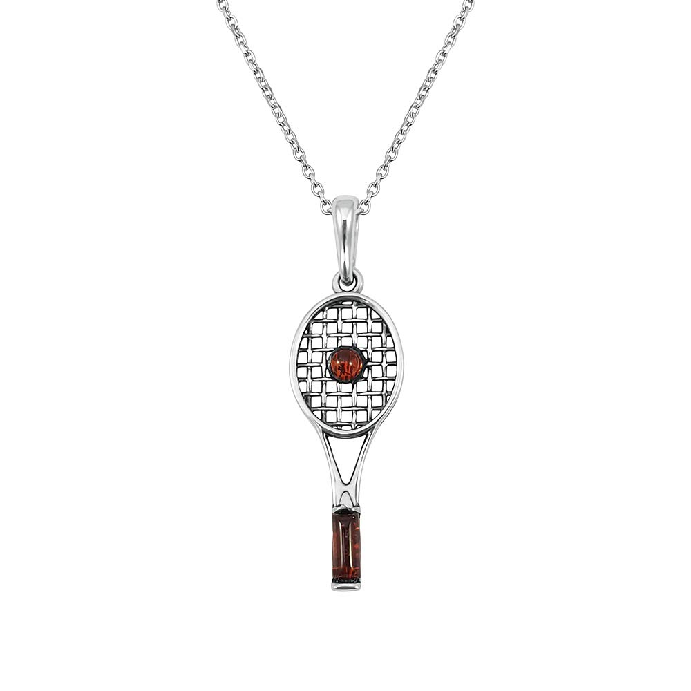 Kiara Jewellery 925 Sterling Silver Brown Amber Tennis Racquet/Racket Pendant Necklace on 18" Sterling Silver Trace Or Curb Chain.