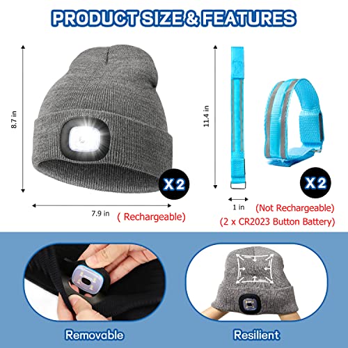 2 Pack LED Beanie Hat with Light, Unisex Winter Warm Knit Night Light Hat, Rechargeable Headlamp Beanie Cap with 2 Glow Bracelet for Camping Running Hiking Walking, Knit Beanie Gifts for Men Women Kid