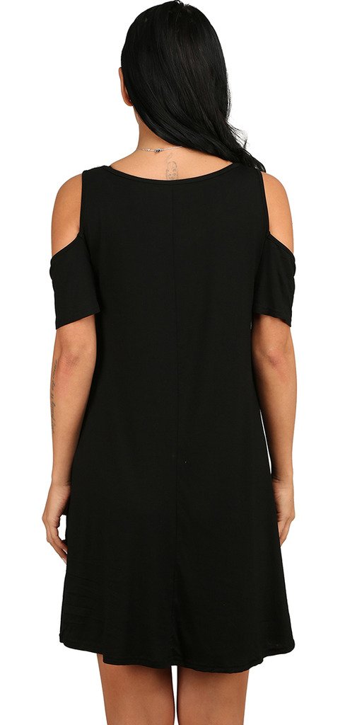 Women\'s Basic Tunic Tops Cutout Shoulder Flared Hem Dress with Pockets Black L