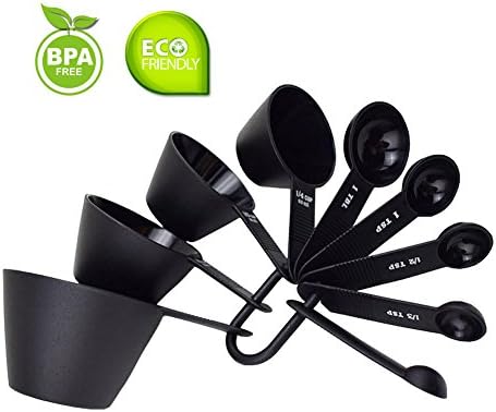 Measuring Spoons Plastic 9-Piece Kitchen Cups Set - Skid-proof, Detachable, Solid with 9 Sizes and Ring, Dishwasher Safe.