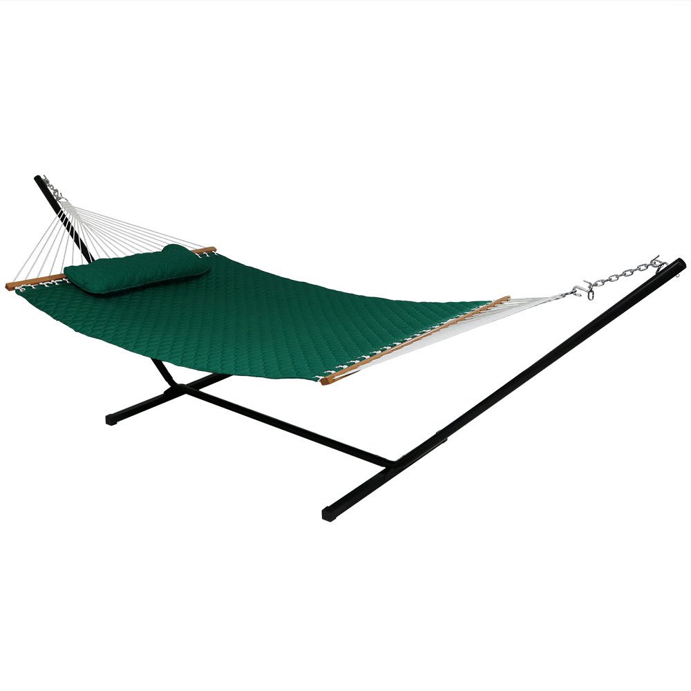 SunnydazeQuilted Designs Hammock with Stand 2 Person Heavy Duty - Double Hammock with 12 Foot Steel Stand for Backyard & Patio - 350 Pound Weight Capacity - Green