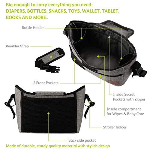 Baby Stroller Organizer Bag with 2 XL Cup Holders and Large Storage Diaper Bag for Universal Stroller Accessories (Grey)