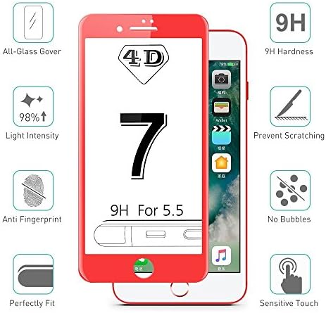 iPhone 7 Plus Screen Protector Tempered Glass Film 4D Edge To Edge Full Coverage Curve Protection Protectors by RICKI (iPhone 7 Plus Red)