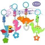 gebra Dinosaur Toys Baby Stroller Car Seat Crib Hanging Toys Soft Rattle Squeaky Wind Chime Toy with Teether for Infant Boys and Girls Age 0 3 6 9 to 12 Months, 4 Pack