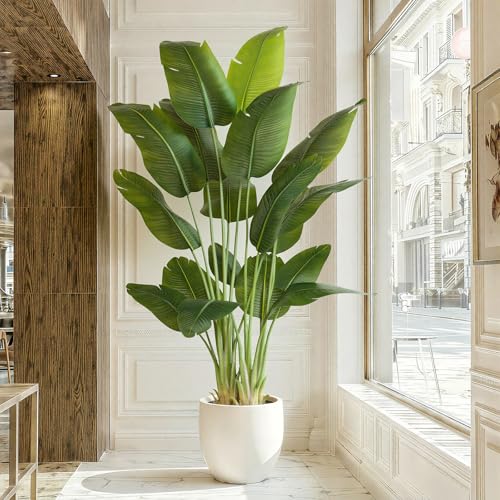 ZEEOZE Artificial Plant Bird of Paradise 230 cm Decorative Artificial Plants with 18 Banana Leaves, Large Indoor Artificial Plant with White Pot for Home Decoration Living Room Home Room Decor
