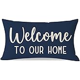 PANDICORN Farmhouse Throw Pillow Covers 12x20 Inch Quotes Welcome to Our Home Sign Blue Outdoor Rustic Lumbar Decorative Cushion Case Decorations for Living Room Sofa Couch Front Porch Decor