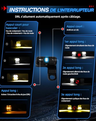 BraveWAY Additional Motorcycle Headlights 3 Inch 130W 14800LM DRL Amber Strobe Function Beam Combin Yellow Covers U-Bracket and Tubular Cable Harness