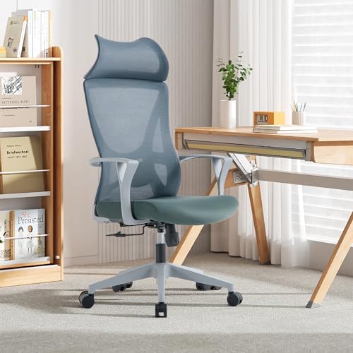 VOFFOV Office Chair with Headrest, Desk Chair Ergonomic Chair with Lumbar Support Armrest, Swivel Mesh Gaming for Home Office Study (Grey Headrest)