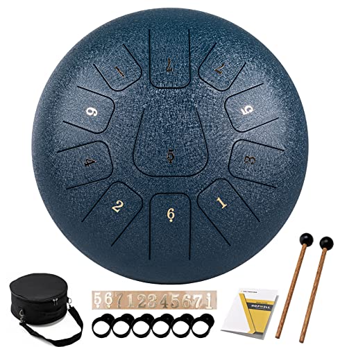 Steel Tongue Drum - HOPWELL 11 Note 12 Inch Tongue Drum - Hand Pan Drums with Music Book, Steel Handpan Drum Mallets and Carry Bag, C Major (Navy Blue)