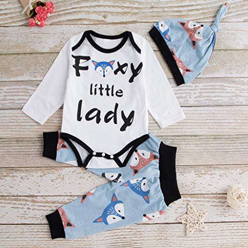 Little Story 0-24M Children's Long-Sleeved Cartoon Alphabet Fox Print Hakama + Animal Print Trousers + hat Set Toddler Kid Blue