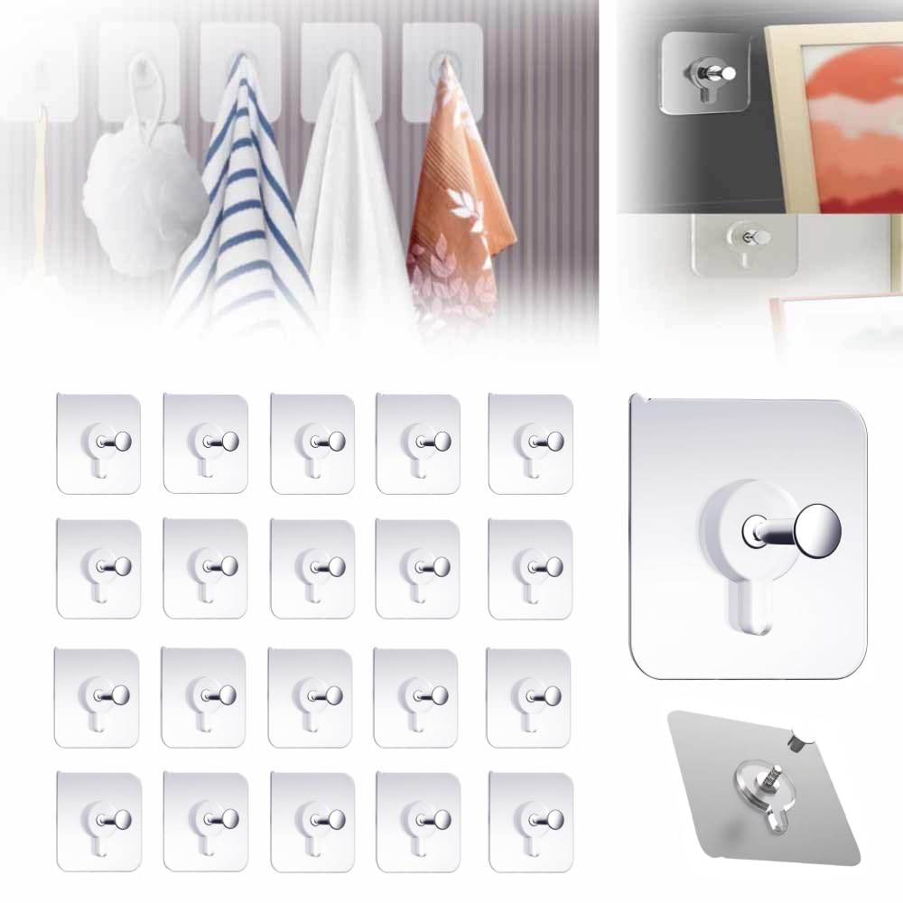 Drill Free Adhesive Hooks, 2024 New Reusable Adhesive Wall Mount Screw Hooks, Picture Hangers Without Nails, Nail Free Wall Hangers for Wall Mount,Kitchen,Bathroom (20 PCS)