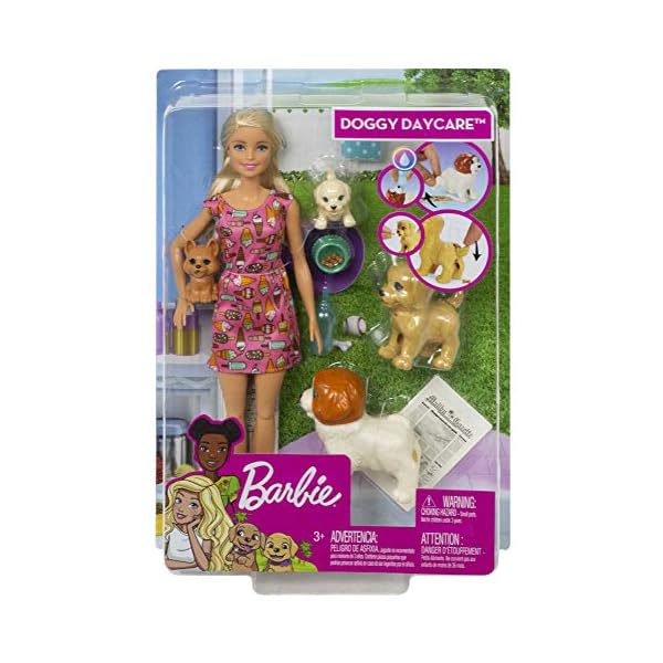 Barbie-Doggy-Daycare-Doll-Pets-Amazon-Exclusive Barbie FXH08 Doggy Daycare Doll, Blonde, and Pets Playset with 4 Dogs, Including One Puppy that Poops and One that Pees…