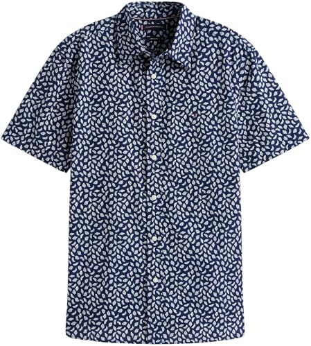 Herren Hemd Linen Blend Kurzarm, Mehrfarbig (Preppy Navy/Ivory Petal), L