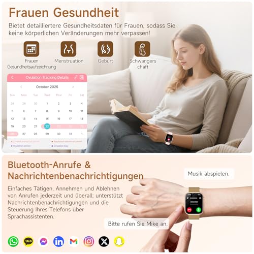 2026 Neu Smartwatch Damen mit EKG+HRV/Blutdruck/Menstruationszyklus/BMI 1,97"AMOLED Gesundheitsuhr mit Telefonfunktion 24H Herzfrequenz SpO2 Körpertemperatur, Emotion/Stimmung/Schlafmonitor Fitnessuhr