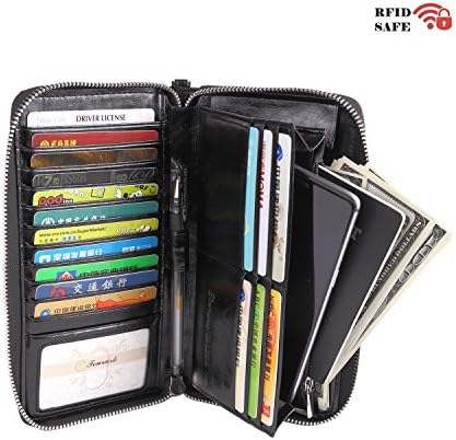 Women RFID Blocking Wallet Genuine Leather Zip Around Clutch Ladies Purse Wristlet (Black Oil Wax Leather)