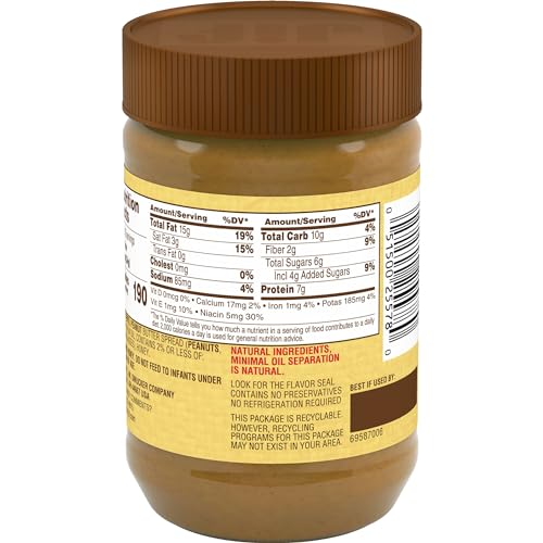 JIF NATURAL CREAMY PEANUT BUTTER SPREAD AND HONEY – CONTAINS 80% PEANUTS, 16 OUNCES