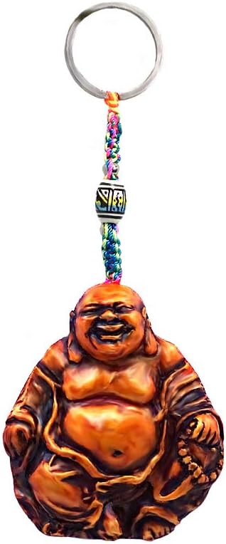 Happy Buddha Gold Spiritual Handpainted Figurine Dangle Handmade Keychain Multicolored Braided Macramé Bead Silver Keyring Hanging Ornament Charm Car Bag Accessory