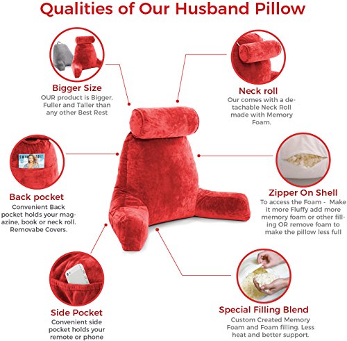 Husband Pillow Big Bedrest Reading & Support Bed Backrest w/Arms, Red - Premium Shredded Memory Foam with Detachable Neck Roll Pillow - Bed Rest Pillow Makes a Comfy & Therapeutic Cuddle Buddy