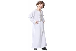 OBEEII Boy's Muslim Arab Solid Color Thobe Long Sleeve Kaftan Embroidered Robe Islamic Arabic Abaya Thobe