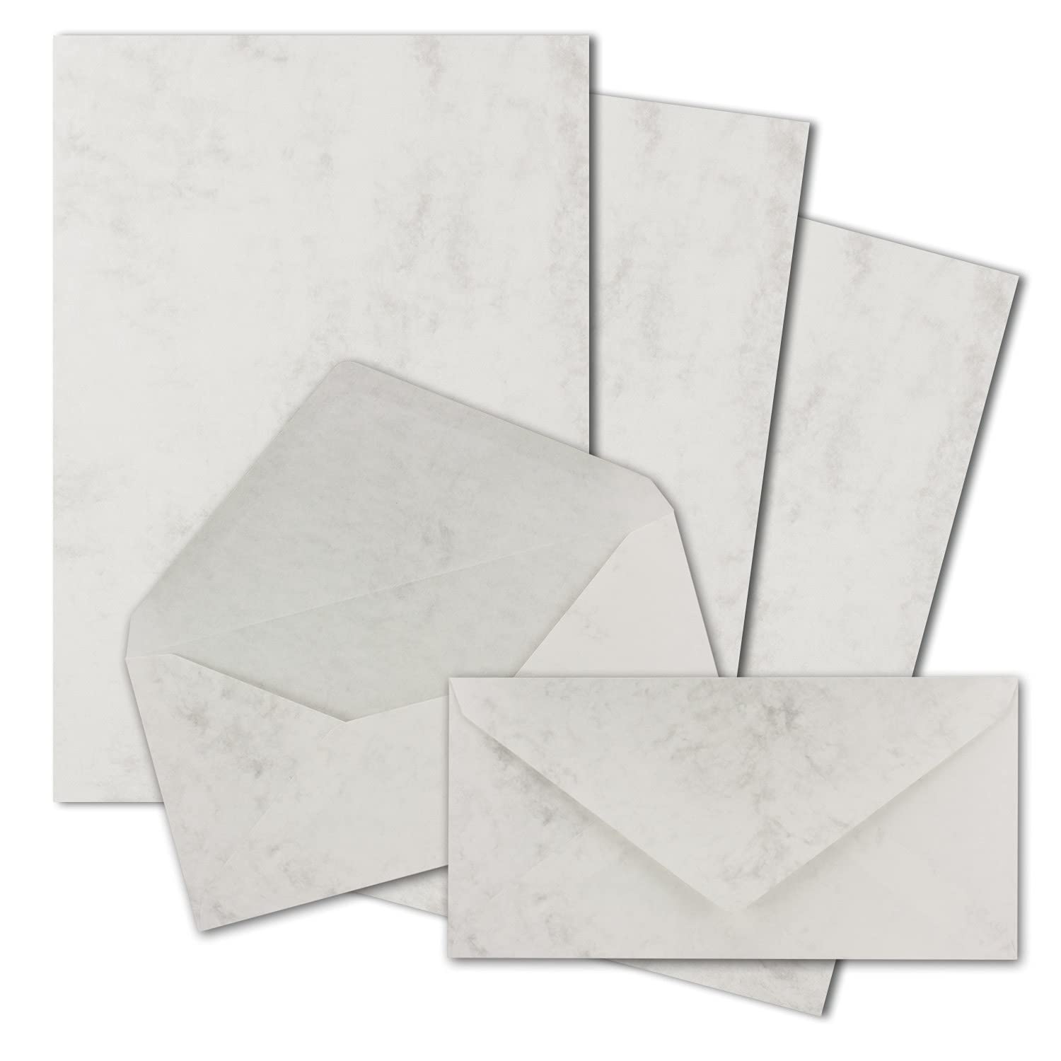 FarbenFroh by Gustav Neuser 75 x A4 Writing Paper Sets with DIN Long Envelopes, Wet Seal, Grey Marbled, Matte Writing Paper with Envelopes