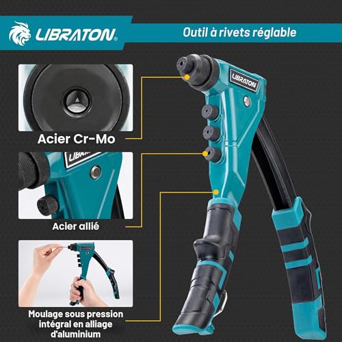 LIBRATON Heavy Duty Rivet Pliers, Pop Rivet Pliers, Professional Manual Riveter Riveting Tool with 160 Rivets, Includes 4 Tips, 4 Interchangeable Nozzles Without Tools, for Repair