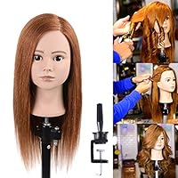 Natural Secret 100% Human Hair Mannequin Head With Auburn Brown Human Hair Styling Dye Cutting Hairdresser Training Head Manikin Cosmetology Doll Head 20-22"(From Forehead To the back hair end)