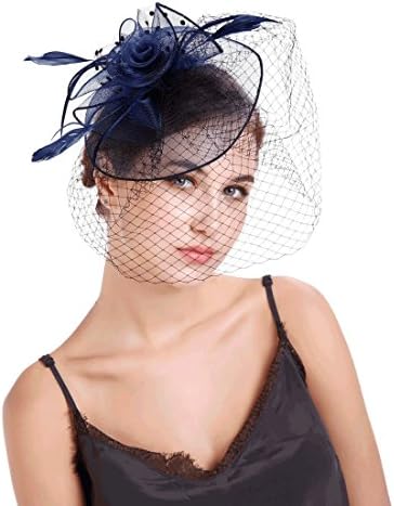 MEILIS Flower Cocktail Tea Party Headwear with Veil Feather Fascinators Derby Hat for Girls and Women