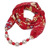 shlutesoy Black Friday 50% off Fashion Women Flower Print Faux Pearl Beads Pendant Necklace Chiffon Scarf Wrap Red