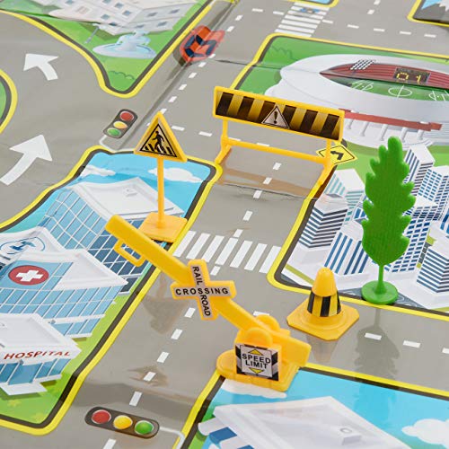 Bluecell 18 Pieces Small Street Signs Playset Traffic Signs Playset & Fun Street Play Mat for Children Birthday Gift Learning Toys Christmas Party Supplies