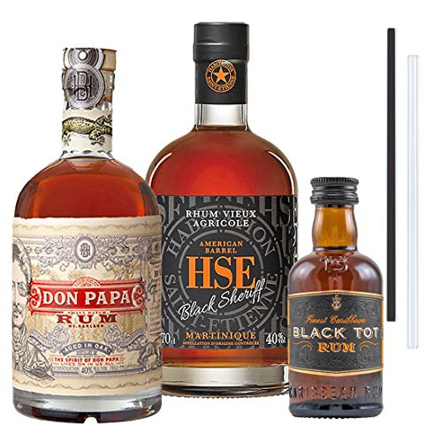 Don Papa Rum, HSE Black Sheriff Rum und Black Tot Rum - Das 3+2 Rum Set, inkl. 2 Glasdrinkhalme (2x0,7l, 1x50ml)