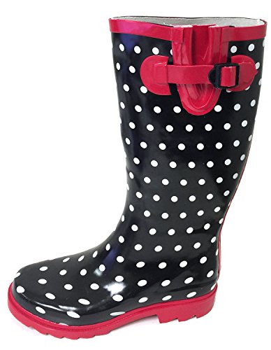 G4U Women's Rain Boots Multiple Styles Color Mid Calf Wellies Buckle Fashion Rubber Knee High Snow Shoes (8 B(M) US, Black/Red Polka Dots)