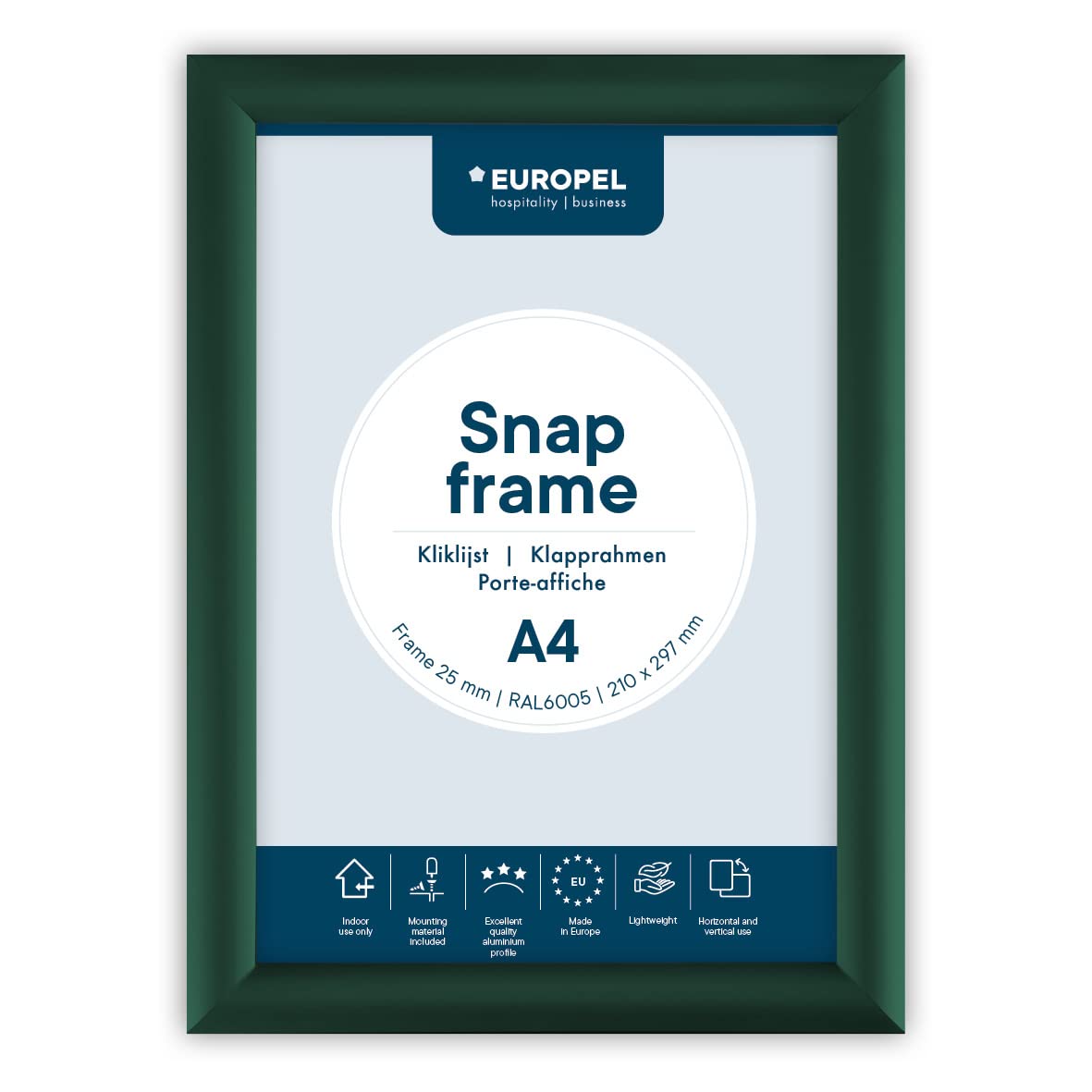 EUROPEL lightweight Snap frame A4, Green, Profile 25x11 mm, Anodized aluminum, anti-reflective protector, External dimensions 241x328 mm, Grey polystyrene back