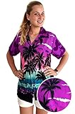 Funky Hawaiian Blouse Women Short-Sleeve Front-Pocket Beach Palm Purple