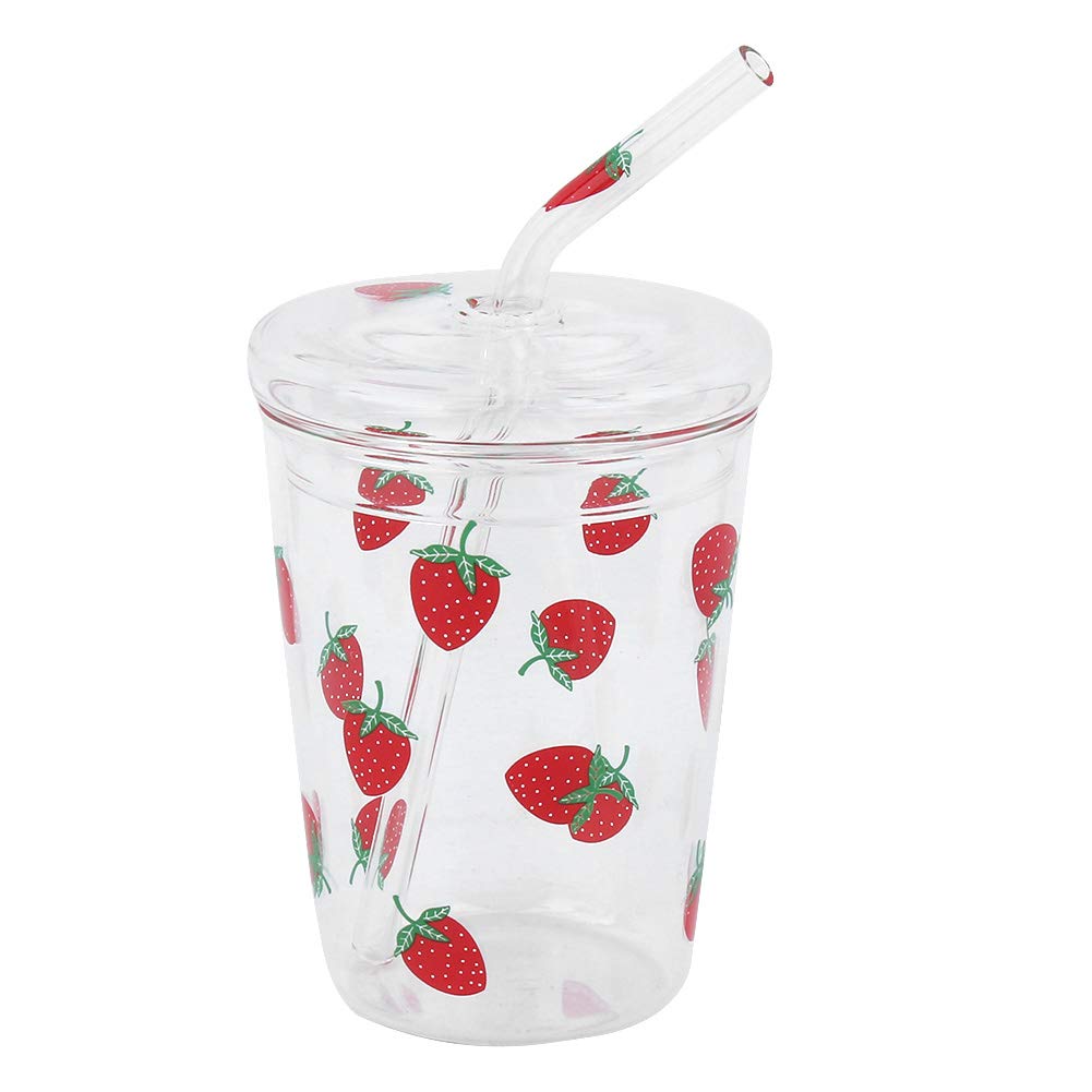 Glass Tumbler, 300ml Cute Strawberry Patterns Drinking Cup with Lid and Straw Resuable Drinking Water Glass Cup Drinking for Cold Drink Coffee Cocktail Whiskey