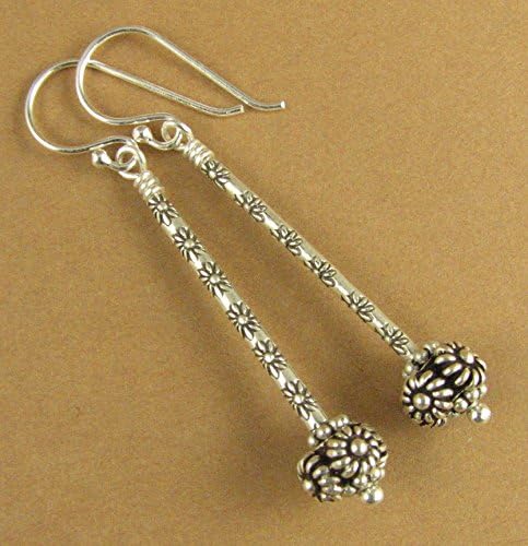 Long drop earrings with fancy Indian ball. Solid sterling silver. Handmade.