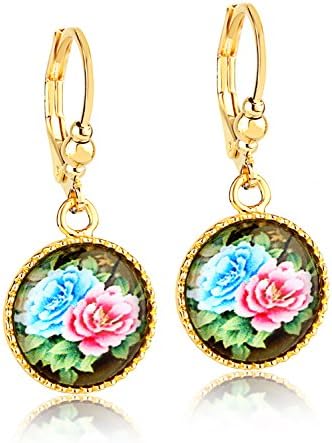 Pink and Blue Floral Dangle Earrings - Printed Resin Cabochon - 24K Gold Coated