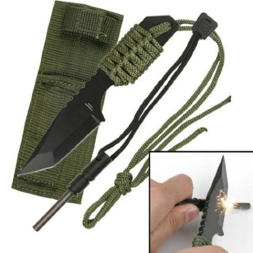 Rogue River Tactical Black Magnesium Fire Starter Rod Military Army Green Outdoor Fixed Blade Survival Knife Paracord wrapped Handle with Sheath